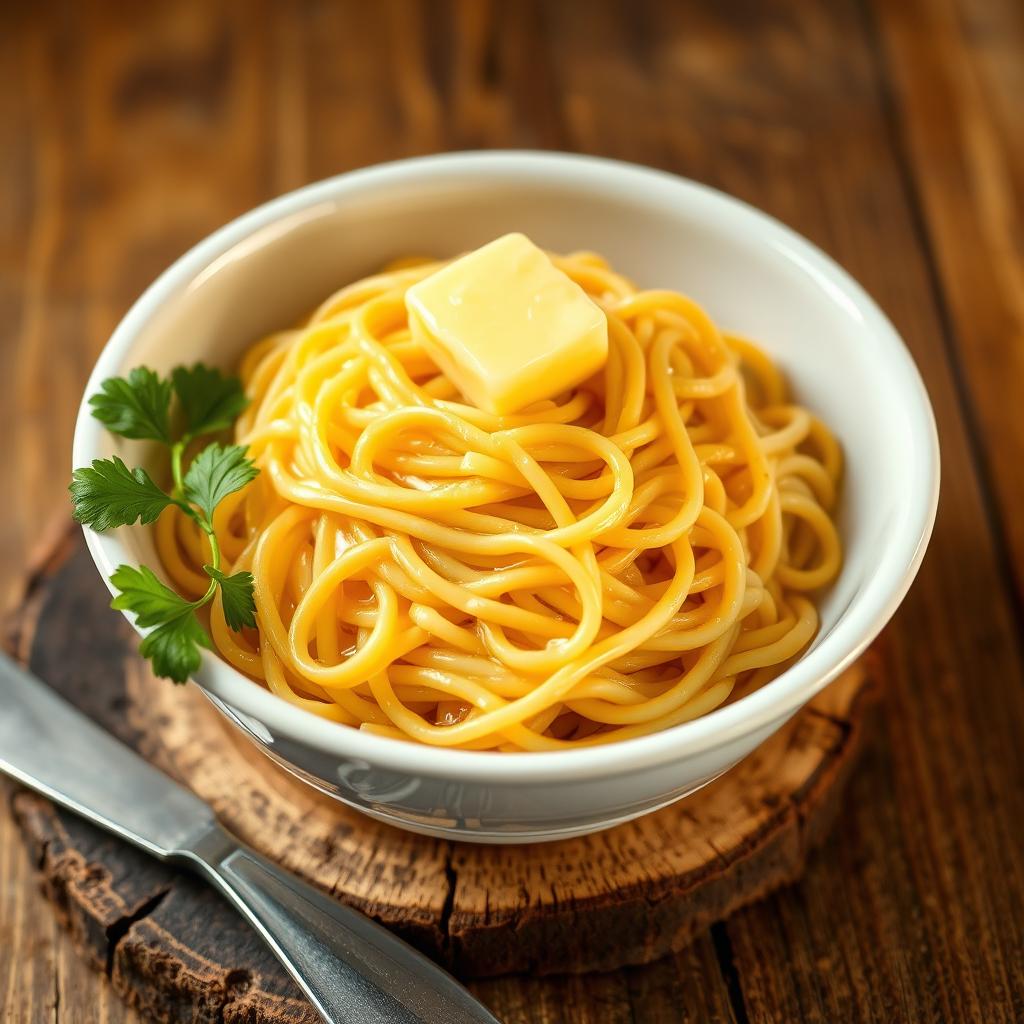 A delightful bowl of creamy, buttery Maggi noodles exhibiting a beautiful golden sheen