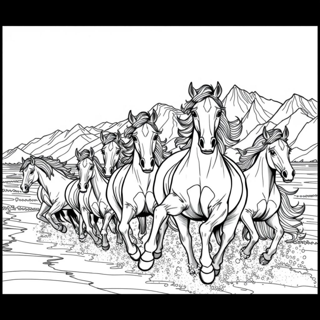 A detailed black and white line drawing featuring several horses galloping gracefully along the seashore, their manes flowing in the wind