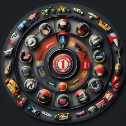 Circular icons showcasing different Formula 1 themes including racing cars, checkered flags, racing helmets, speedometers, and race tracks.