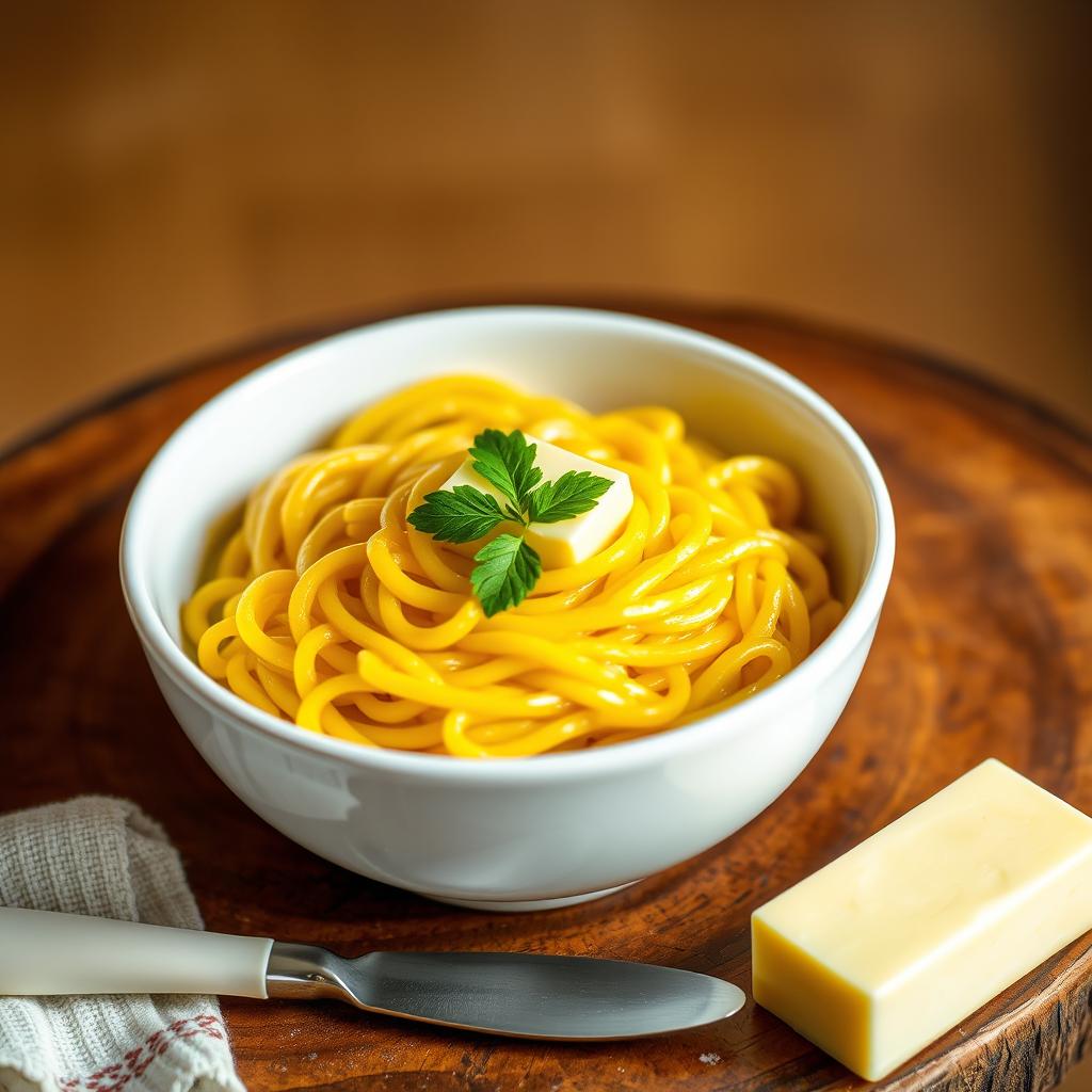 A luxurious bowl of Butter Maggi – showcasing creamy, buttery noodles with a rich golden sheen