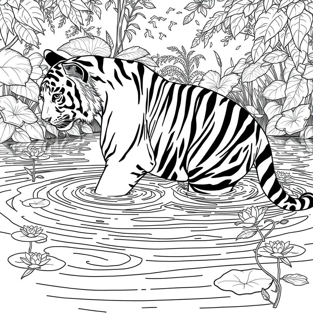 A detailed black and white line drawing of a majestic tiger gracefully emerging from a serene lake, surrounded by lush greenery