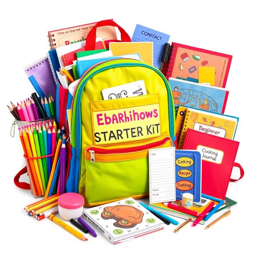 A colorful and engaging starter kit for Ebrahim, featuring an assortment of various items perfect for a beginner's toolbox