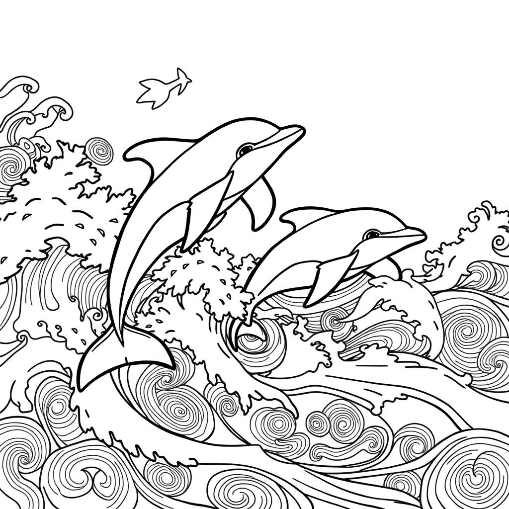 A detailed black and white line drawing featuring playful dolphins swimming gracefully in ocean waves