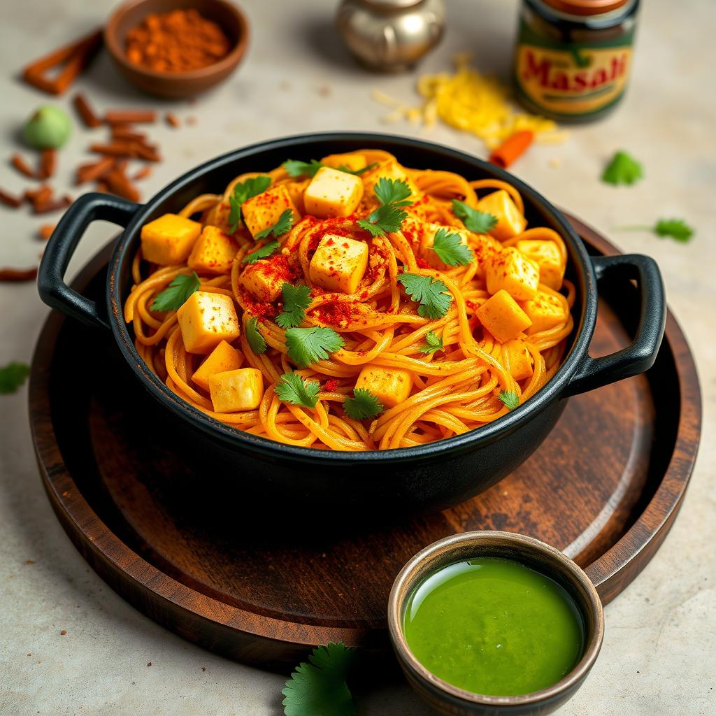 A vibrant dish of spiced Maggi noodles, showcasing golden-brown paneer cubes mixed throughout