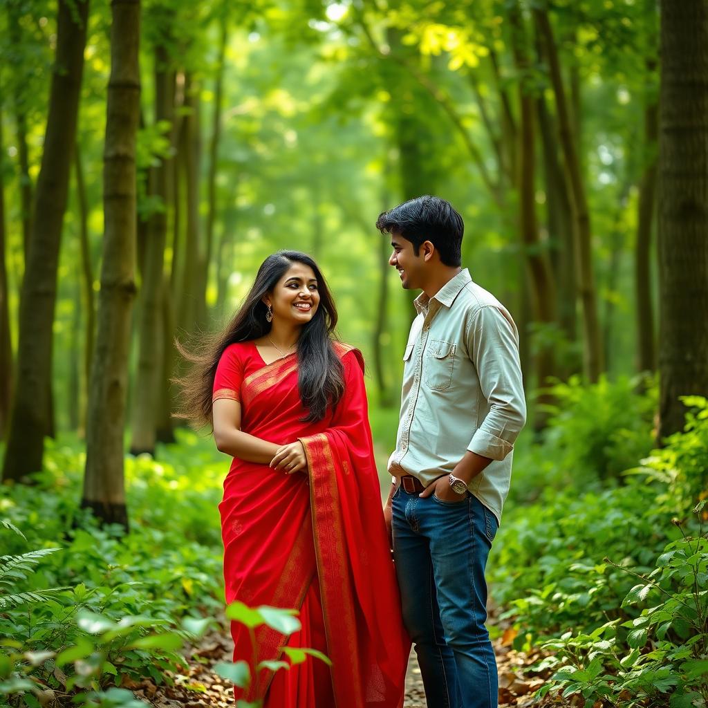 A beautiful woman wearing a vibrant red saree, gracefully draped, engaged in a lively conversation with her boyfriend in a lush green forest