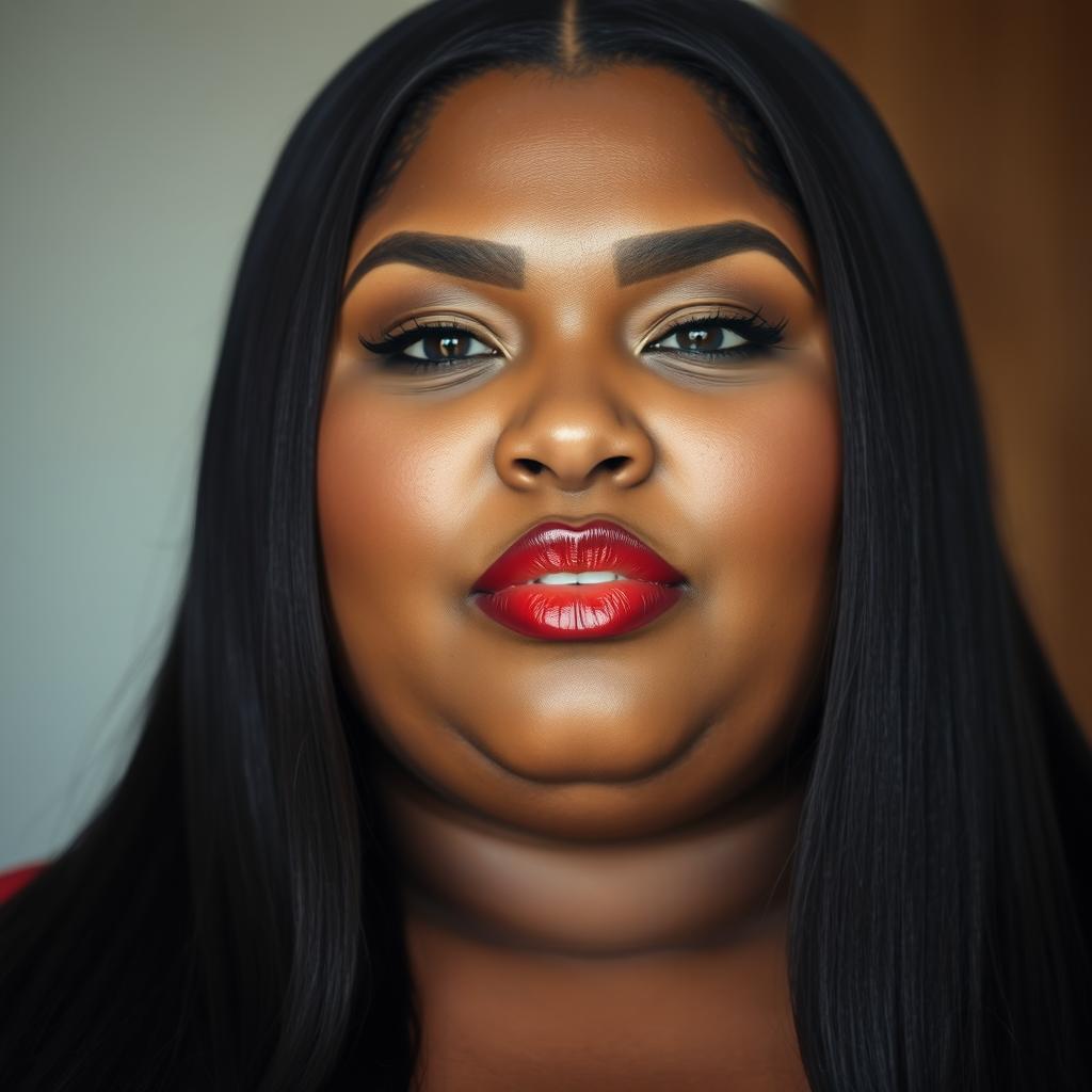 A close-up portrait of a beautiful plus size woman with a prominent neck, showcasing her unique features