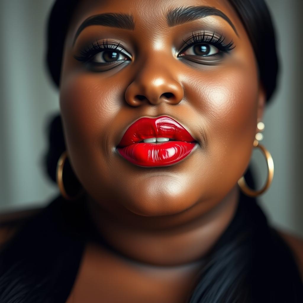 A close-up portrait of a stunning plus size woman, featuring a prominent neck that adds character to her face