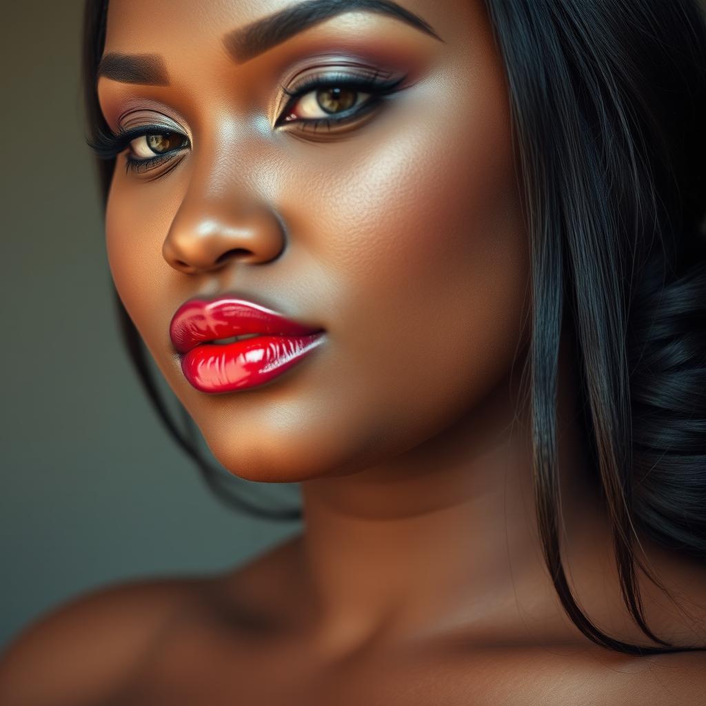 A captivating close-up portrait of a plus size woman featuring a distinctively large neck that enhances her natural beauty