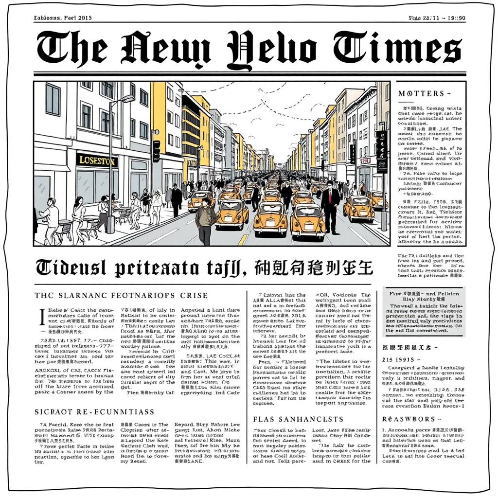 An illustrated newspaper layout featuring a prominent image occupying the top half of the page