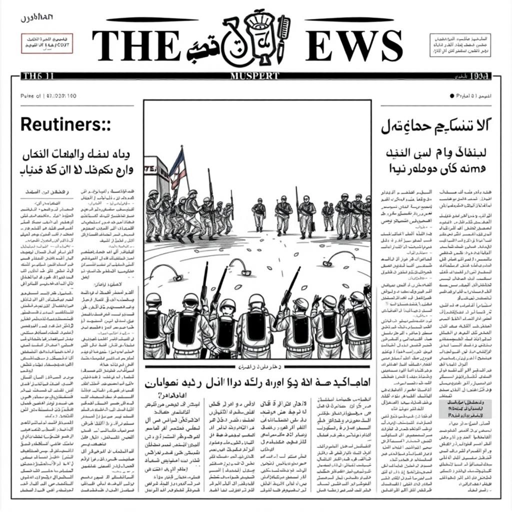 An illustrated newspaper layout featuring a large central image placed at the top of the page