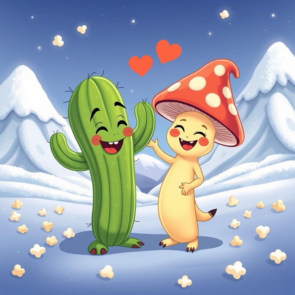 A vibrant, Disney-style illustration featuring a happy male cactus character and a joyful female mushroom character, both with human form