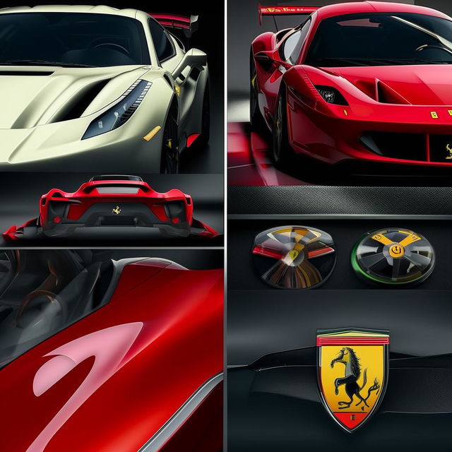 Circular icons illustrating Ferrari car models with details showcasing their unique exterior design elements, logos, and color schemes.