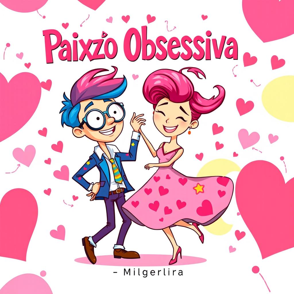 A vibrant and playful book cover for the title 'Paixão Obsessiva', featuring two animated characters in a whimsical, non-realistic style