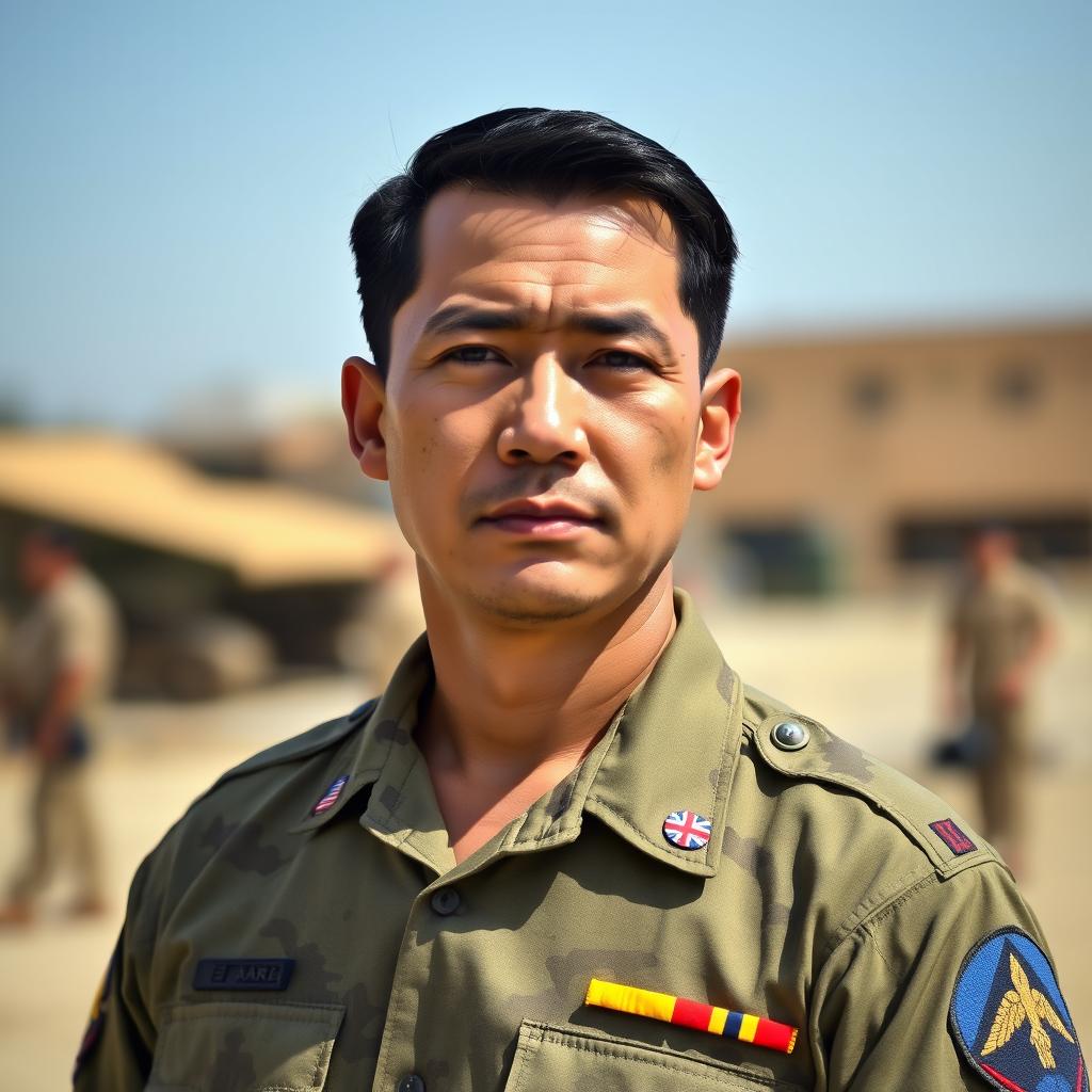 A man in military uniform, standing confidently with a serious expression
