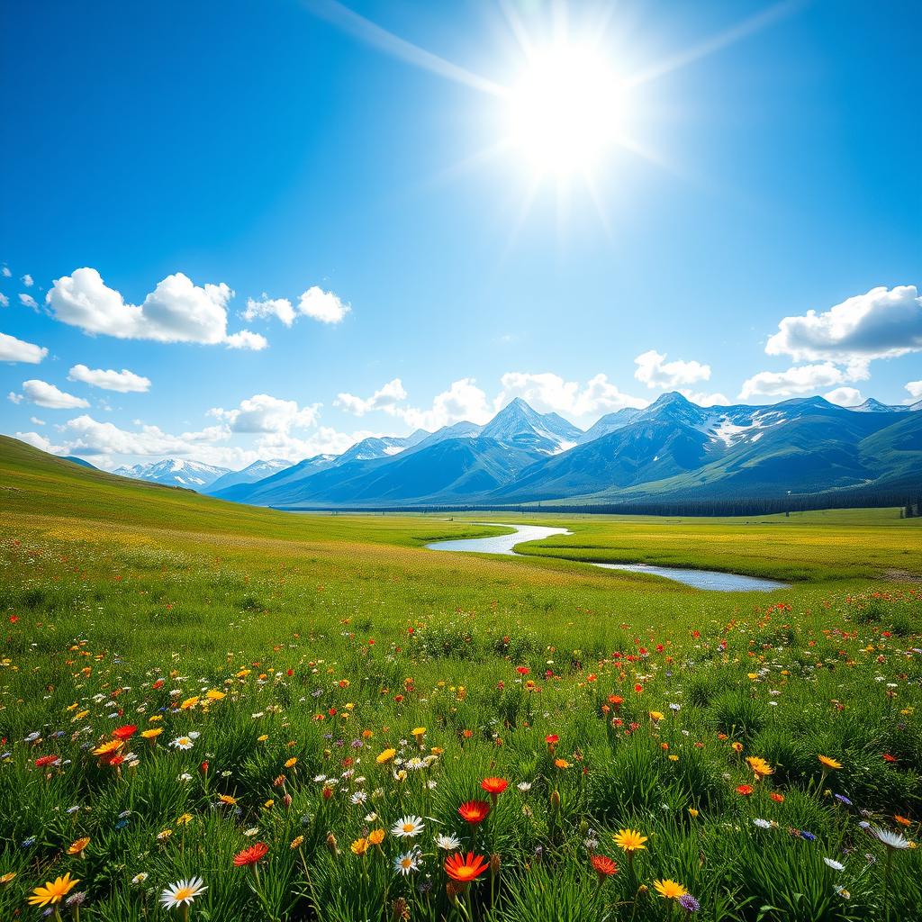 A highly detailed, vibrant landscape with a lush green meadow stretching into the distance, sprinkled with a variety of colorful wildflowers under a bright blue sky dotted with fluffy white clouds