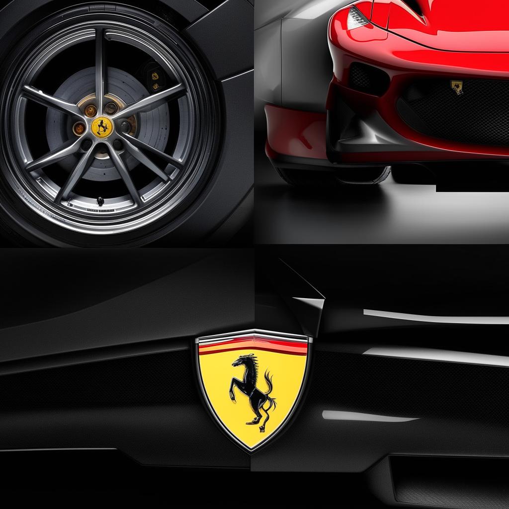 Circular icons illustrating Ferrari car models with details showcasing their unique exterior design elements, logos, and color schemes.