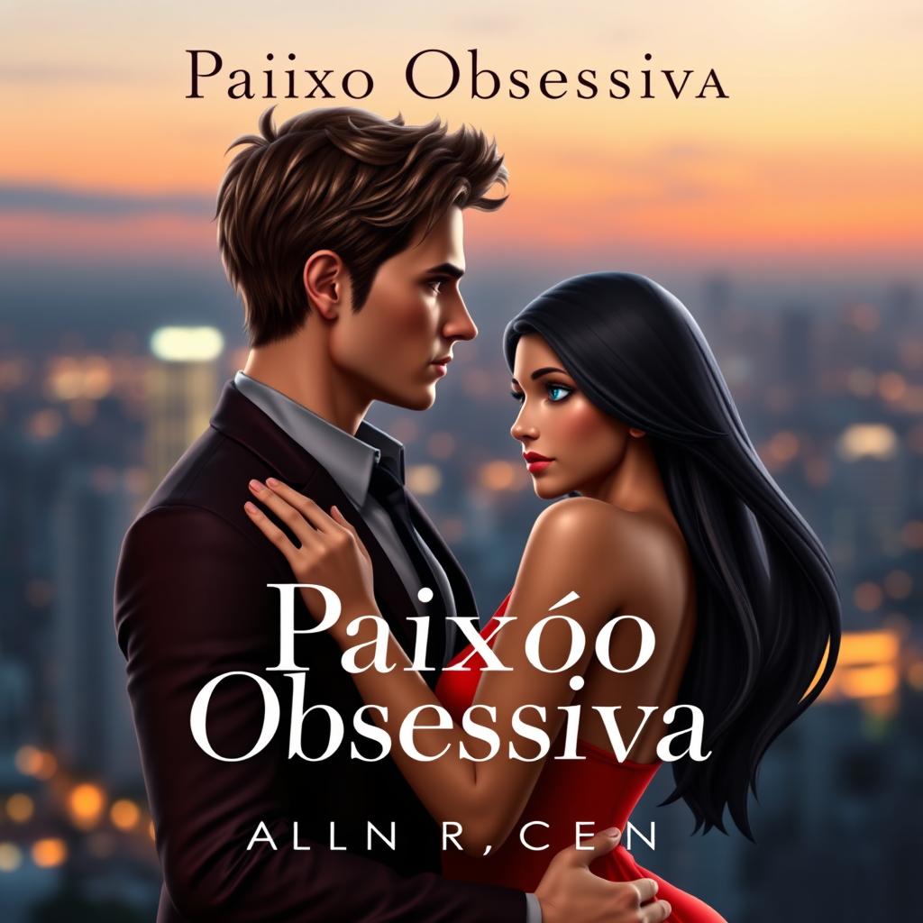 A stunning book cover for the title 'Paixão Obsessiva', featuring two 3D-rendered characters in a romantic and intense pose