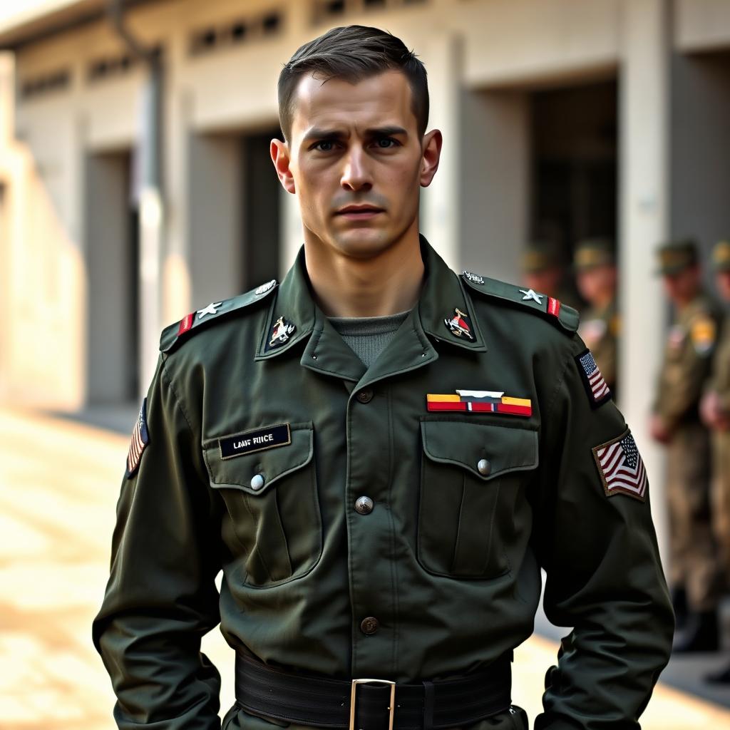 A European man in military uniform, standing proudly with a disciplined stance