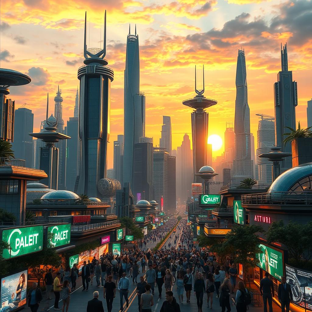 A breathtaking view of a futuristic city skyline filled with towering skyscrapers made of glass and metal, adorned with neon lights and greenery