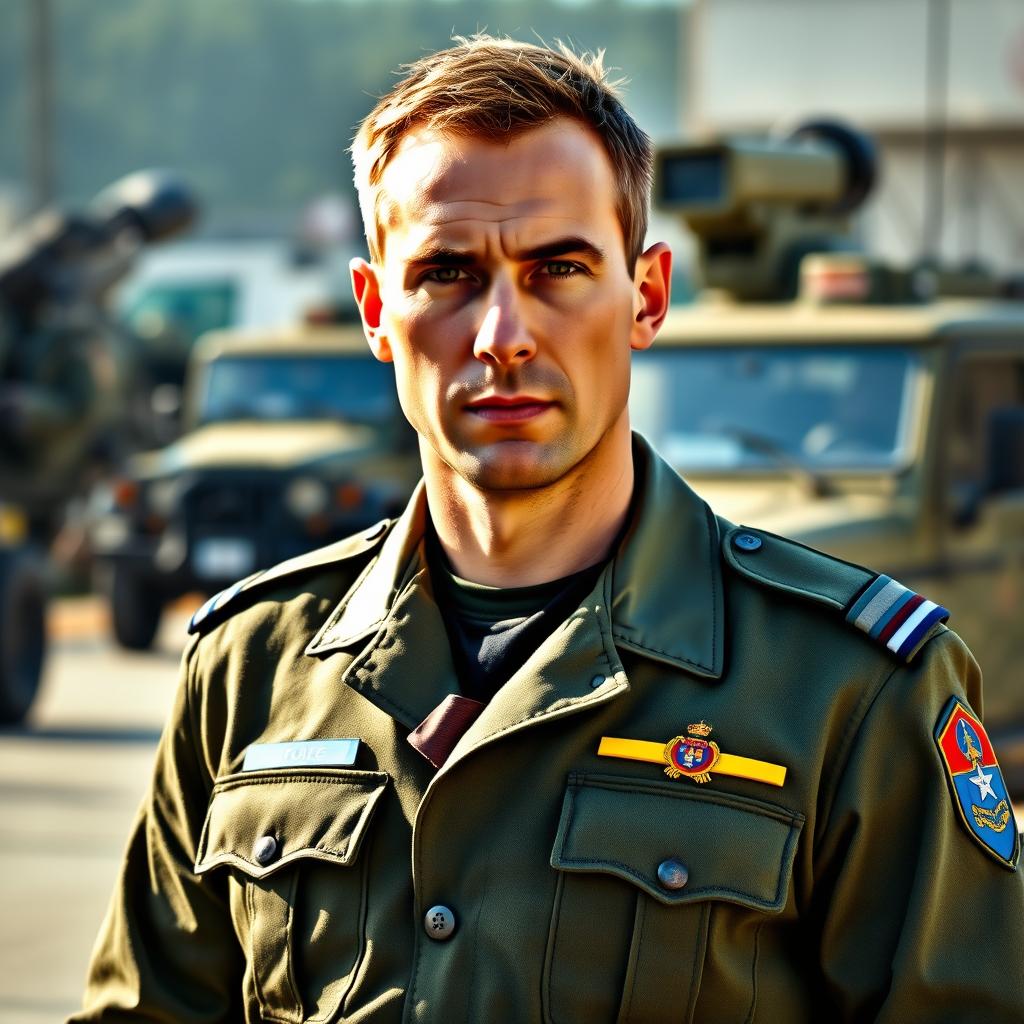 A European man in military police uniform, standing confidently with an assertive posture
