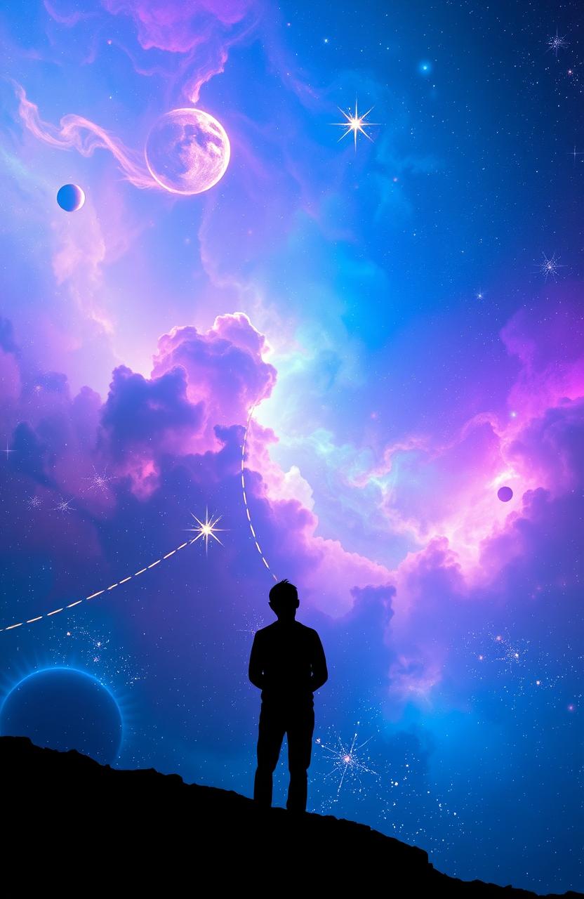 An ethereal cosmic landscape featuring vibrant nebulae in shades of blue, purple, and pink, filled with swirling stars and celestial bodies