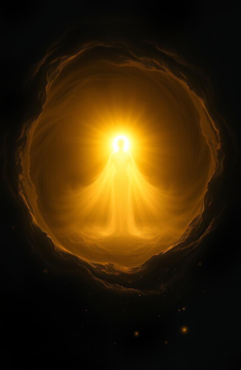 A luminous being radiating warm, golden light, standing serenely at the center, elegantly surrounded by a swirling void of deep, rich darkness