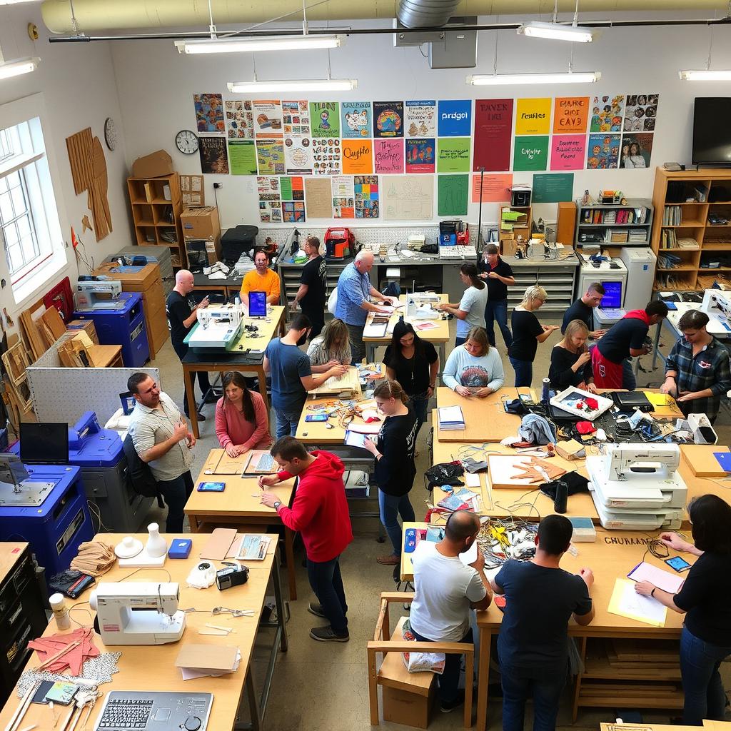 A vibrant and creative maker space filled with various tools and equipment such as 3D printers, laser cutters, sewing machines, and work tables