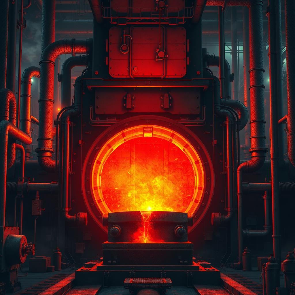 A highly detailed illustration of a massive industrial furnace, glowing with intense orange and red hues, surrounded by dark metallic structures