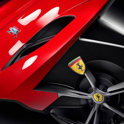 Circular icons illustrating Ferrari car models with details showcasing their unique exterior design elements, logos, and color schemes.