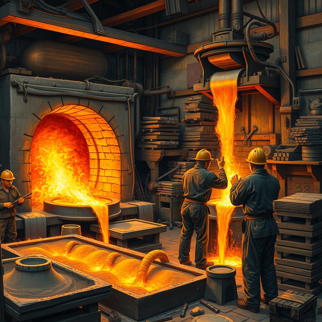 A detailed and vivid depiction of furnace casting, showcasing a traditional foundry environment