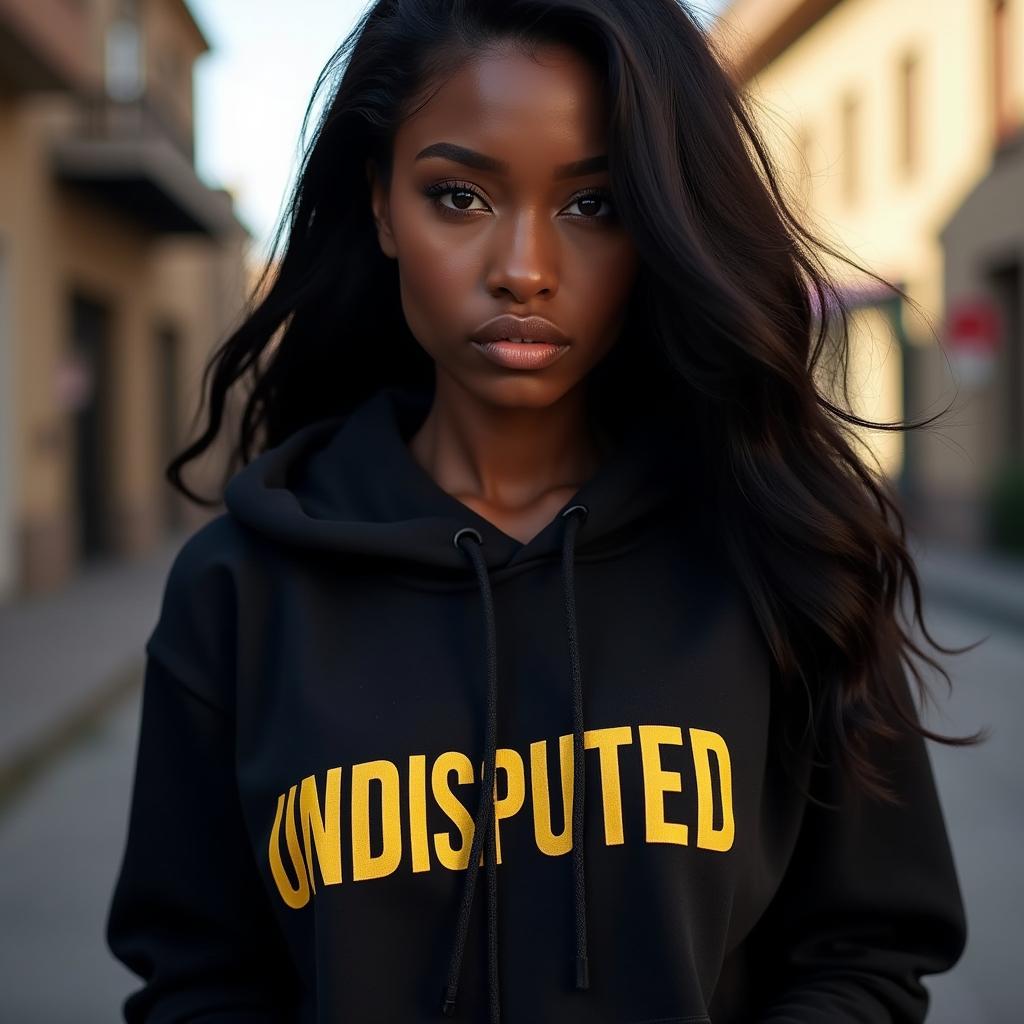 A stunning black female figure radiating confidence, showcasing her beauty and style