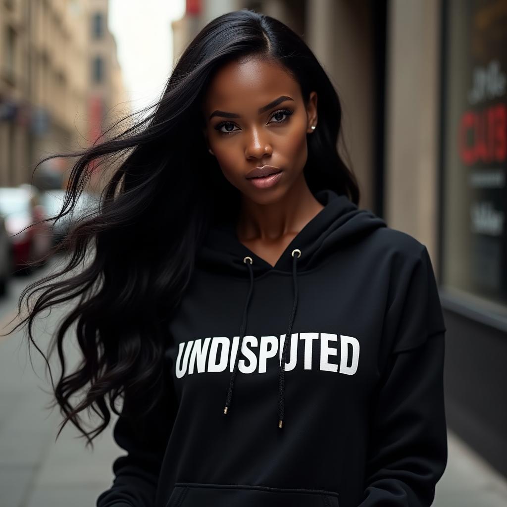 A stunning black female figure exuding confidence and elegance, adorned with long, flowing black hair