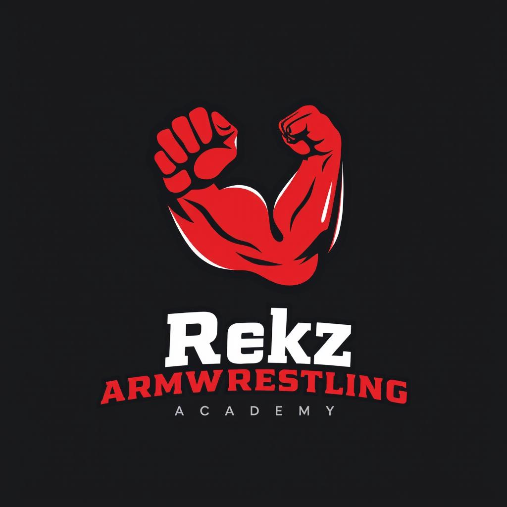A logo design for 'Rekz Armwrestling Academy' featuring a prominent, stylized arm in a strong, aggressive pose symbolizing power and competition