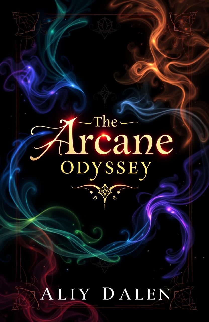 A fantasy book cover featuring a deep black background adorned with vibrant magical colors swirling throughout the design