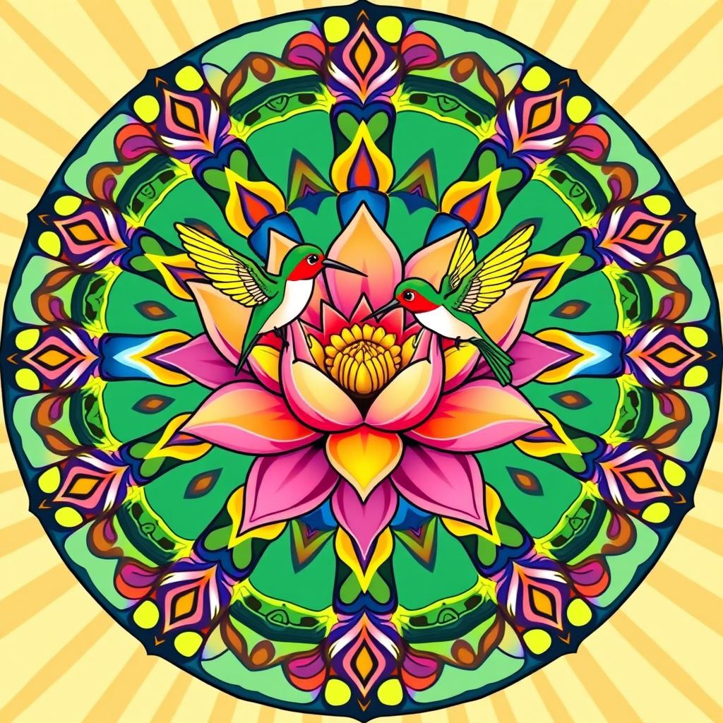 A vibrant mandala design radiating joy, featuring an intricate lotus flower at the center