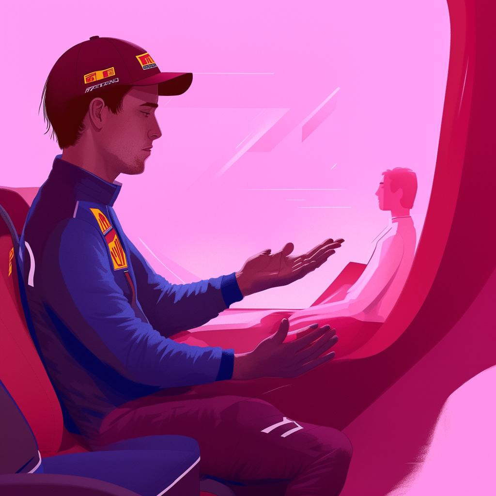 Illustration depicting F1 driver Charles Leclerc engaging in a therapy session, sitting in a calming environment, possibly speaking to a therapist or following a stress reduction technique.