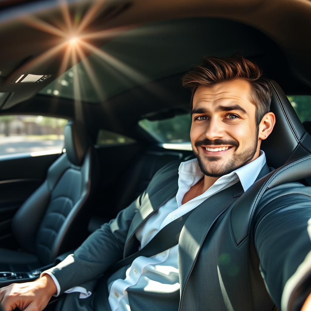 A wealthy man sitting inside a luxurious Ferrari, striking a confident pose as he takes a selfie