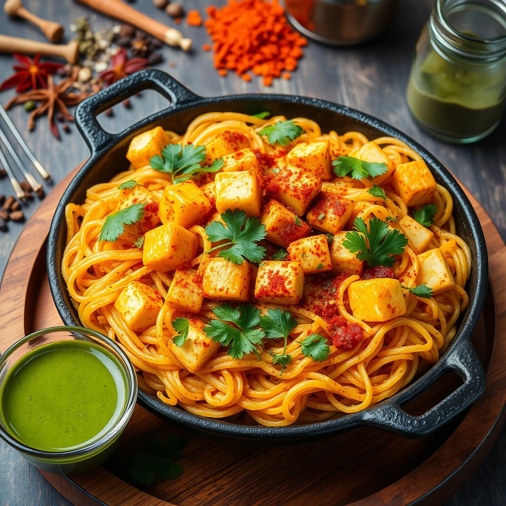 A mouthwatering plate of spiced Maggi noodles featuring golden-brown paneer cubes intermingled throughout