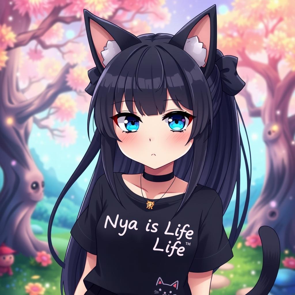 A 25-year-old anime-style girl with striking blue eyes and long black hair