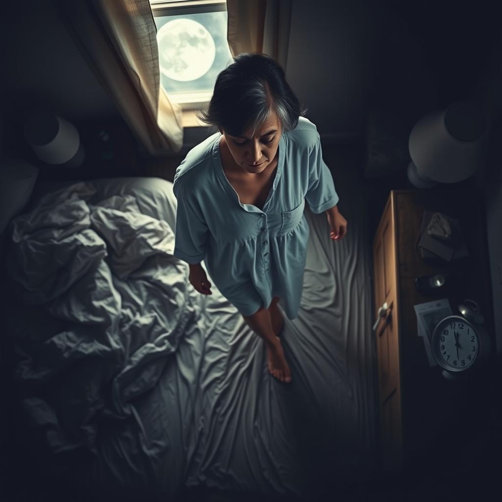 A top-down view of a sleepwalker gracefully moving through a dimly lit room, showcasing the unique arrangement of objects around them