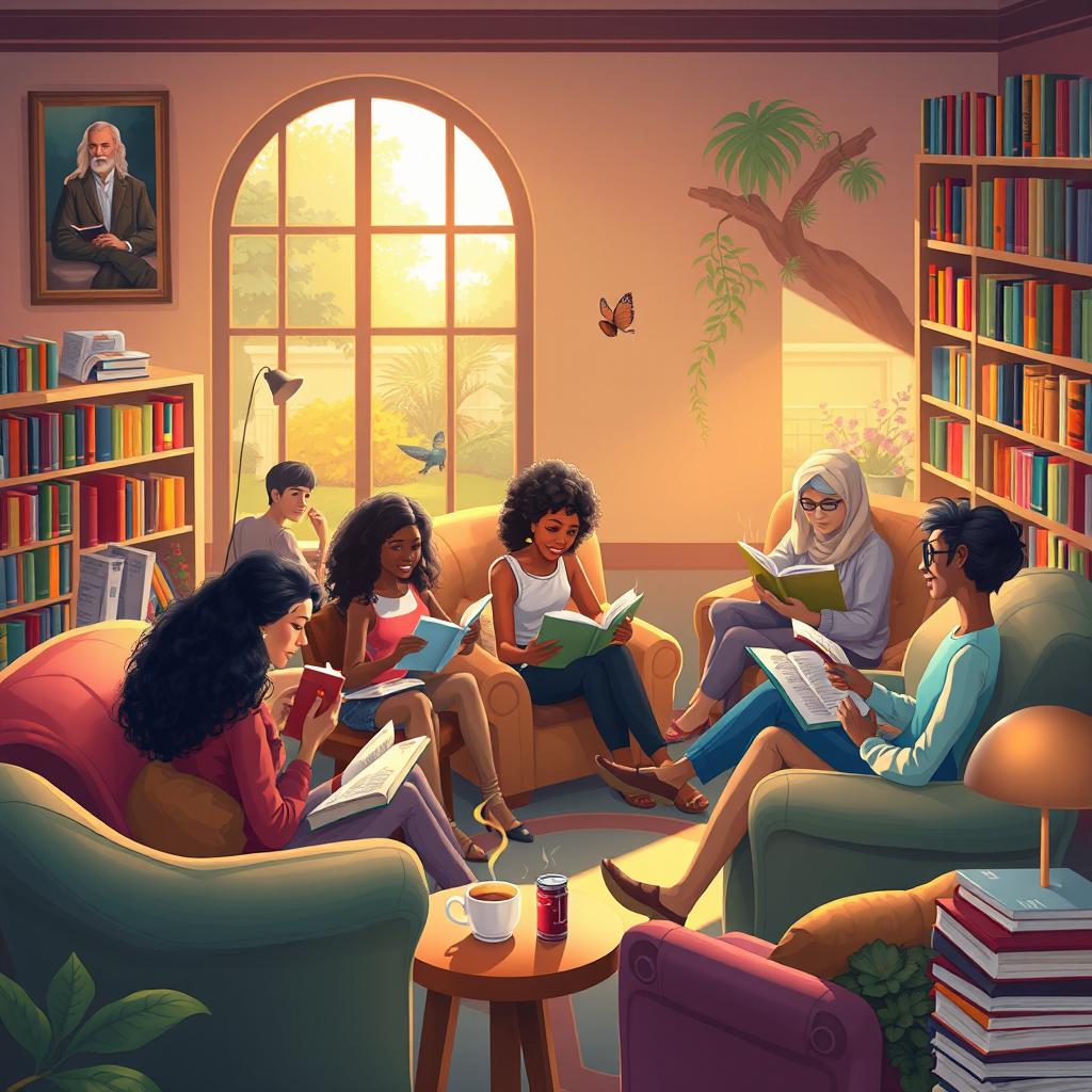 An imaginative and vibrant illustration depicting a diverse group of readers in a cozy literary setting