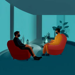 Illustration depicting F1 driver Charles Leclerc engaging in a therapy session, sitting in a calming environment, possibly speaking to a therapist or following a stress reduction technique.