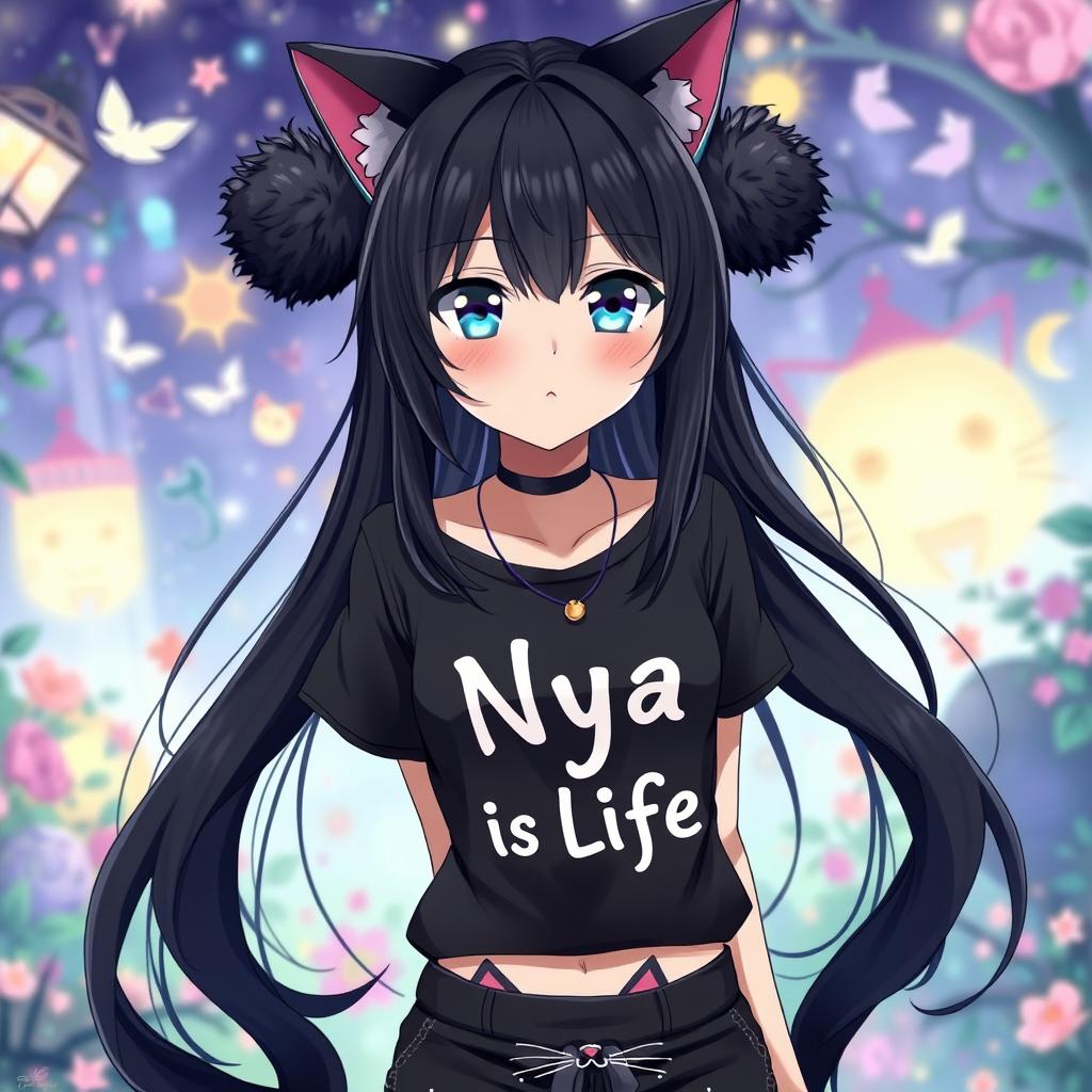A 25-year-old anime girl with striking blue eyes, long black hair adorned with cute cat ears and two fluffy cat tails, wearing a stylish black t-shirt featuring the words 'Nya Is Life'