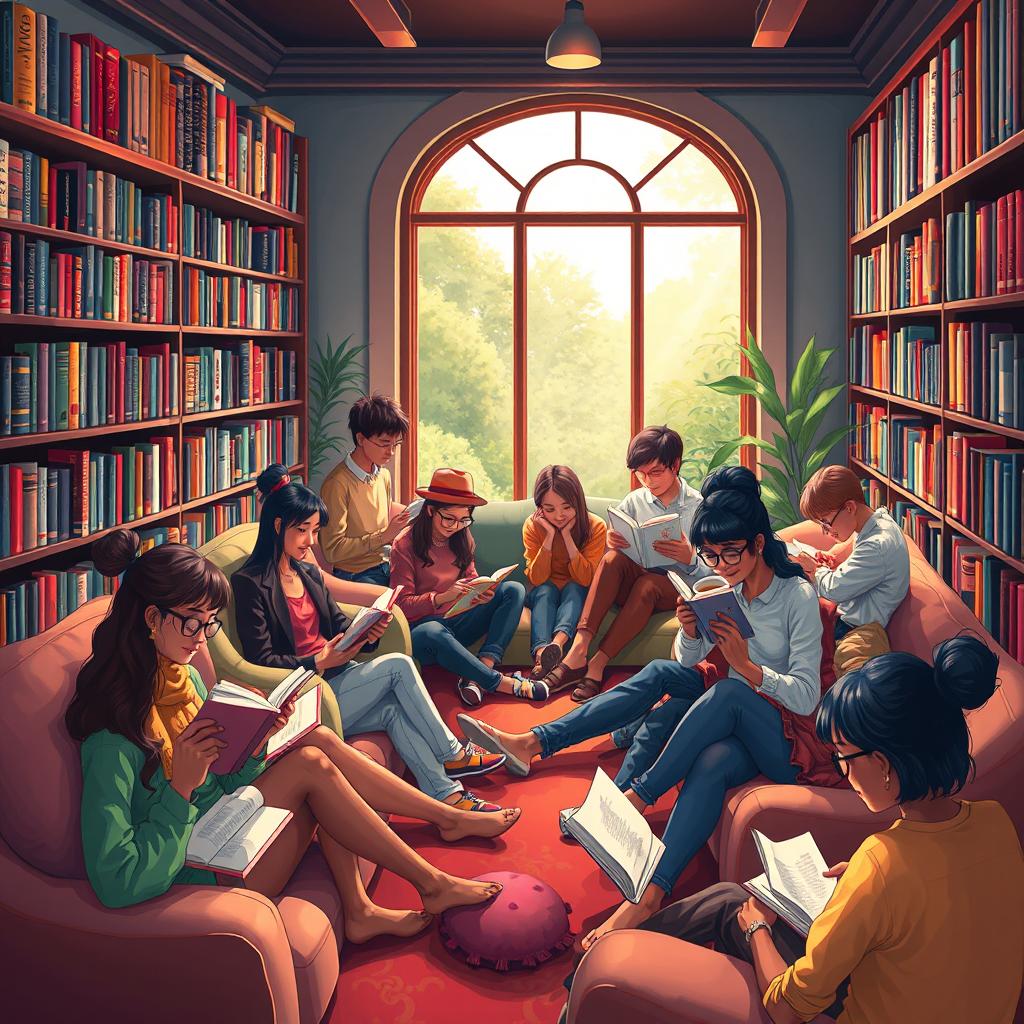 A captivating and colorful illustration showcasing a vibrant community of readers gathered in a cozy library setting