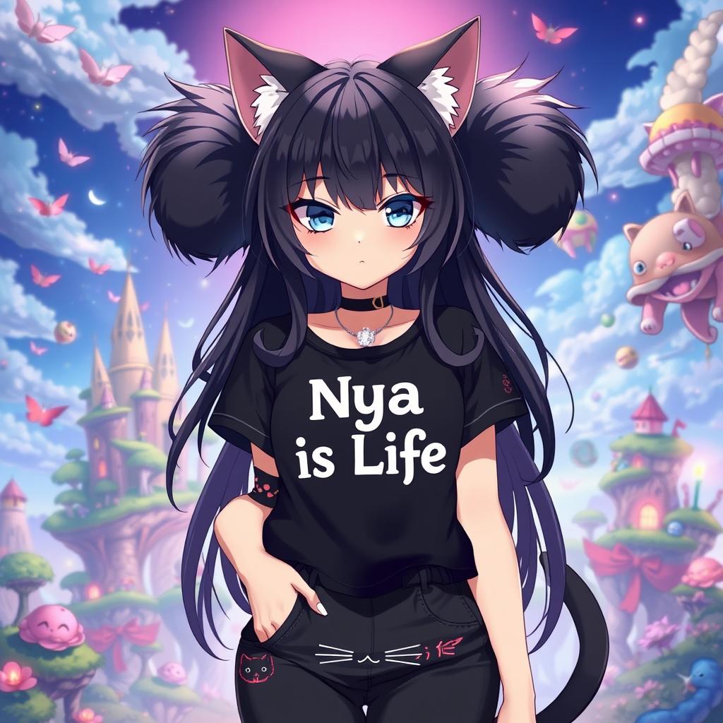 A 25-year-old girl in anime style, with striking blue eyes and long black hair adorned with cute cat ears