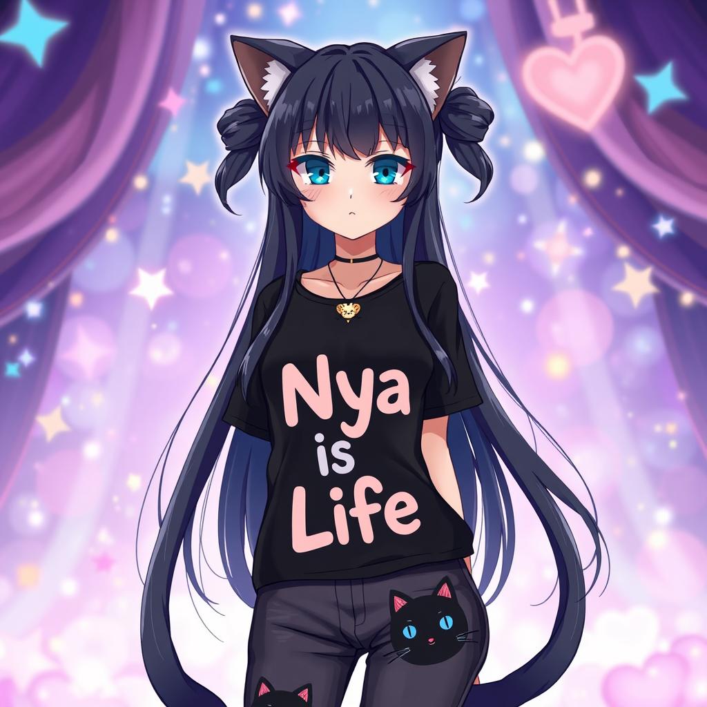 Anime style illustration of a 25-year-old girl with striking blue eyes and long black hair, adorned with playful cat ears and two fluffy cat tails