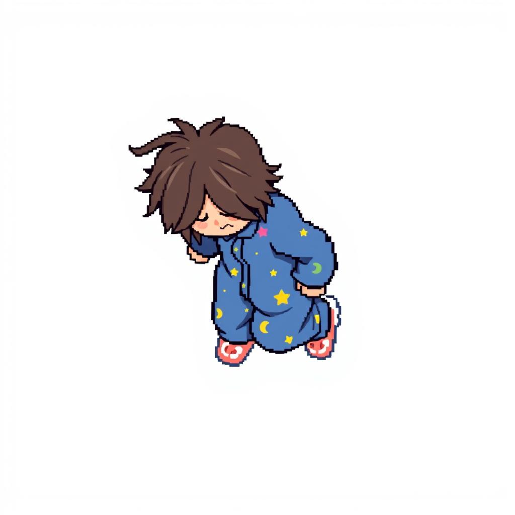 A pixel art illustration of a sleepwalker in pajamas, seen from a top-down perspective