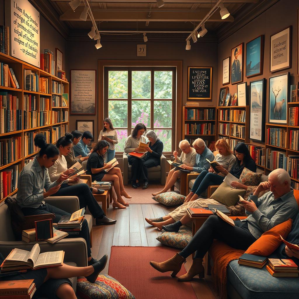 A captivating gallery filled with readers, showcasing a diverse group of individuals deeply engrossed in their books, surrounded by a cozy and inviting atmosphere