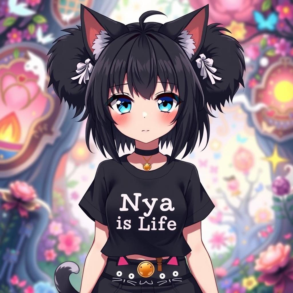 A 25-year-old anime-style girl with striking blue eyes and black hair adorned with cute cat ears