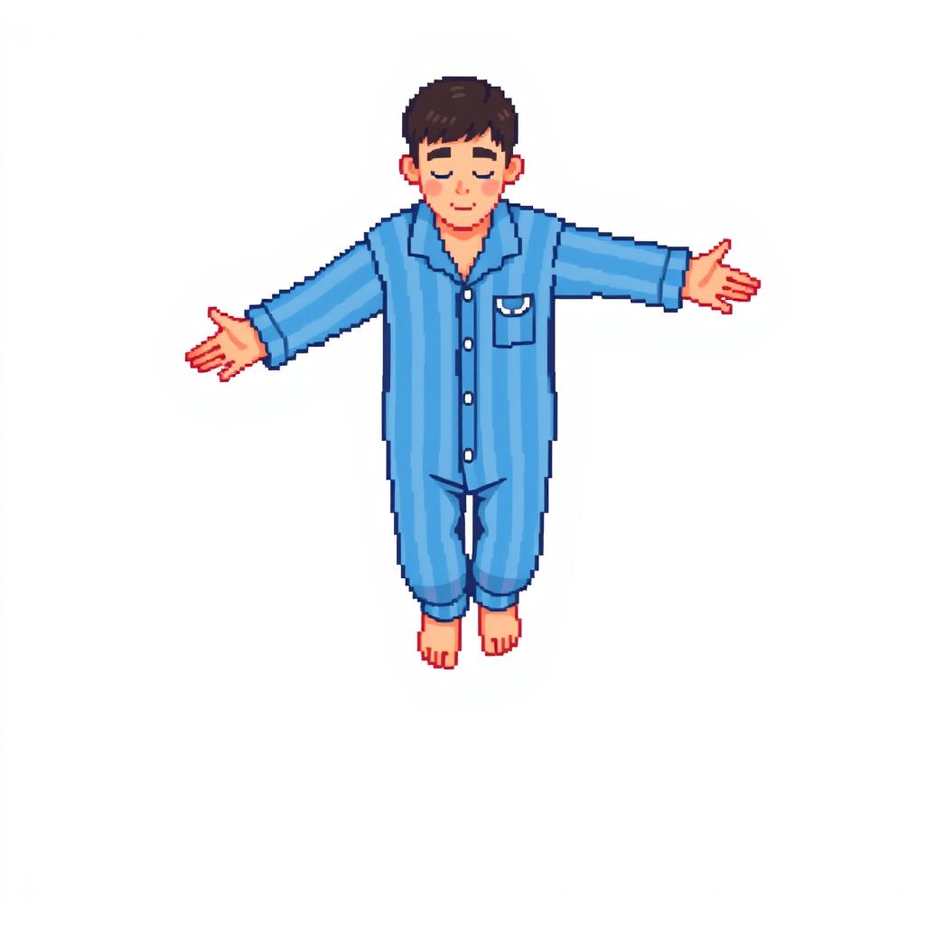 A pixel art depiction of a top-down view of a sleepwalker standing, dressed in blue striped pajamas